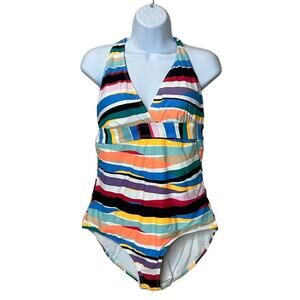Anne Cole Deep V-Neck One Piece Swimsuit Striped Multi-Color Women's 16 NWT